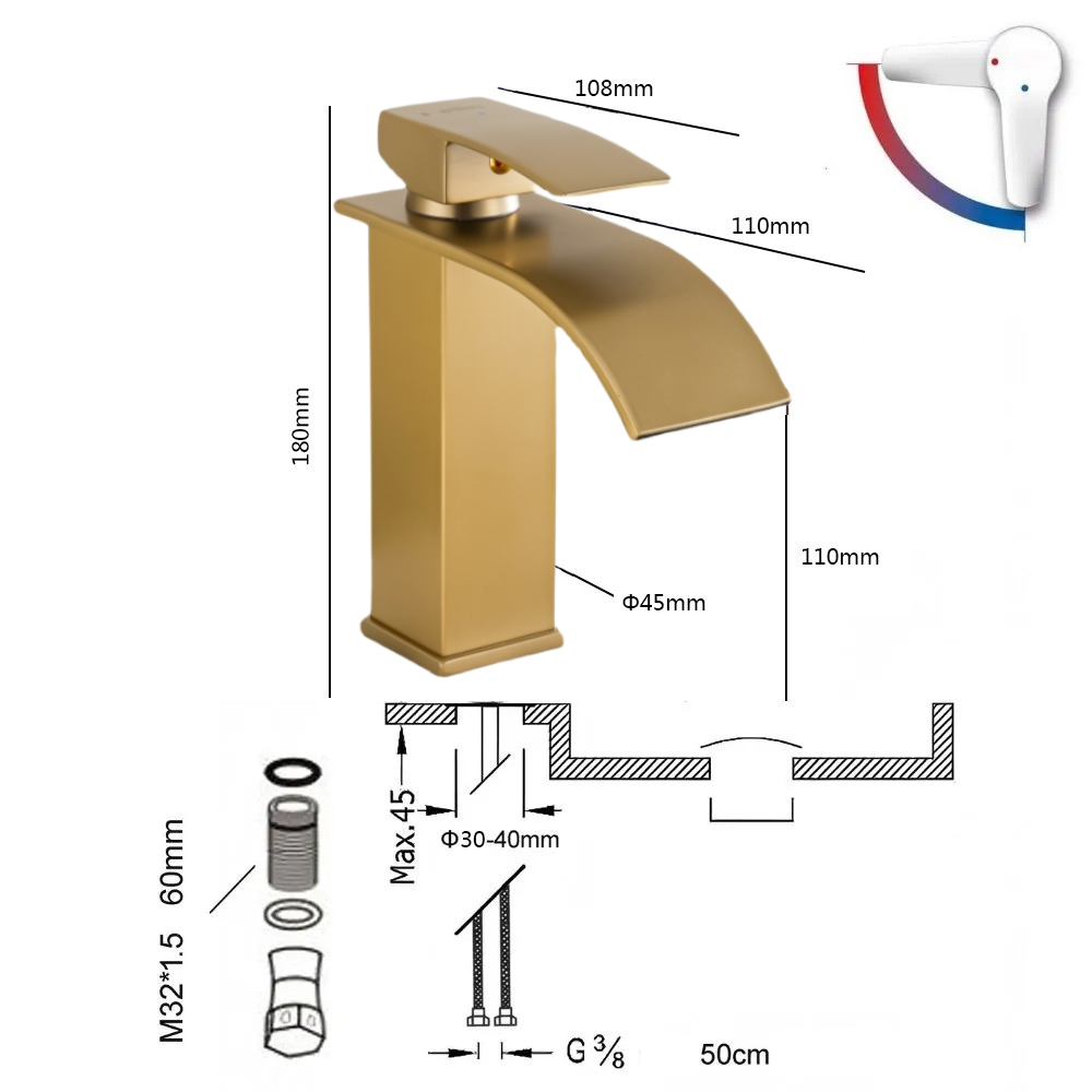 Grifo Lavabo Oro Cepillado Cascada Caño Bajo – FONTEA BASIS AURI GRIFERS