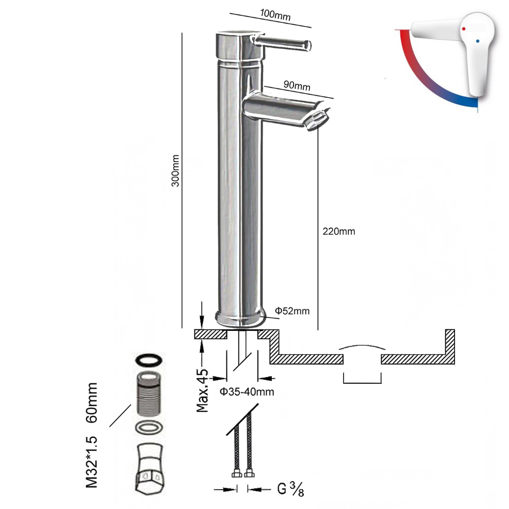 Grifo Lavabo Cromado Caño Alto Con Apertura En Frío - ALTADAT CROME GRIFERS