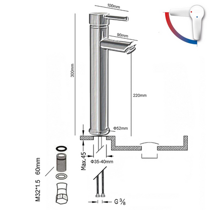 Grifo Lavabo Cromado Caño Alto Con Apertura En Frío - ALTADAT CROME GRIFERS