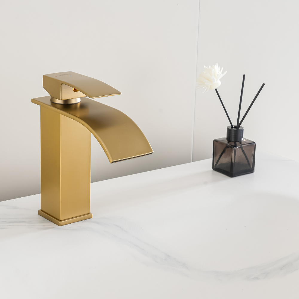 Grifo Lavabo Oro Cepillado Cascada Caño Bajo – FONTEA BASIS AURI GRIFERS