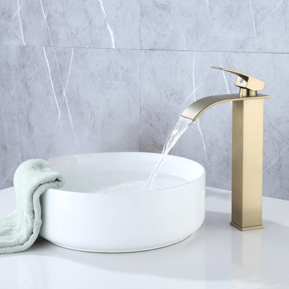 Grifo Lavabo Oro Cepillado Caño Alto Cascada – FONTEA ALTUS AURI GRIFERS