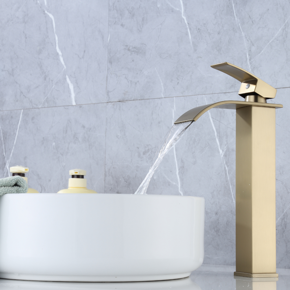 Grifo Lavabo Oro Cepillado Caño Alto Cascada – FONTEA ALTUS AURI GRIFERS