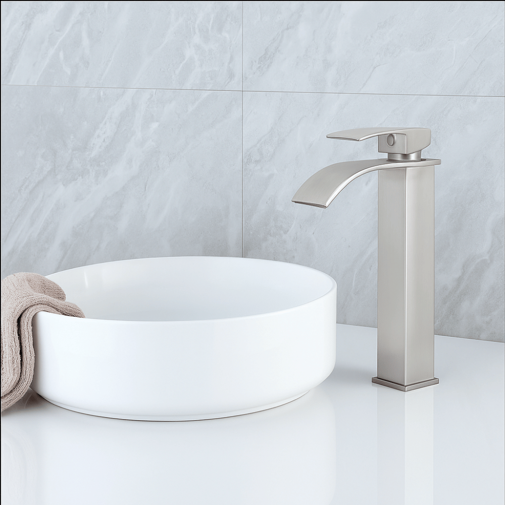 Grifo Lavabo Acero Cepillado Caño Alto Cascada – FONTEA ALTUS HIBERA GRIFERS